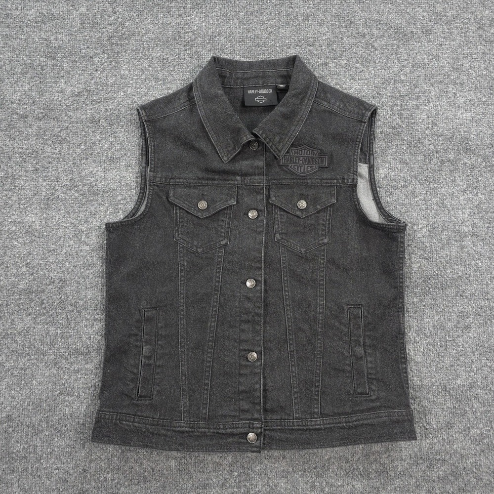 Harley Davidson Vest Womens S Gray Denim Kickstart Biker Eagle‎ Logo Motorcycle